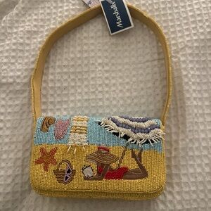 Yellow Beaded Beach Scene Crossbody Bag